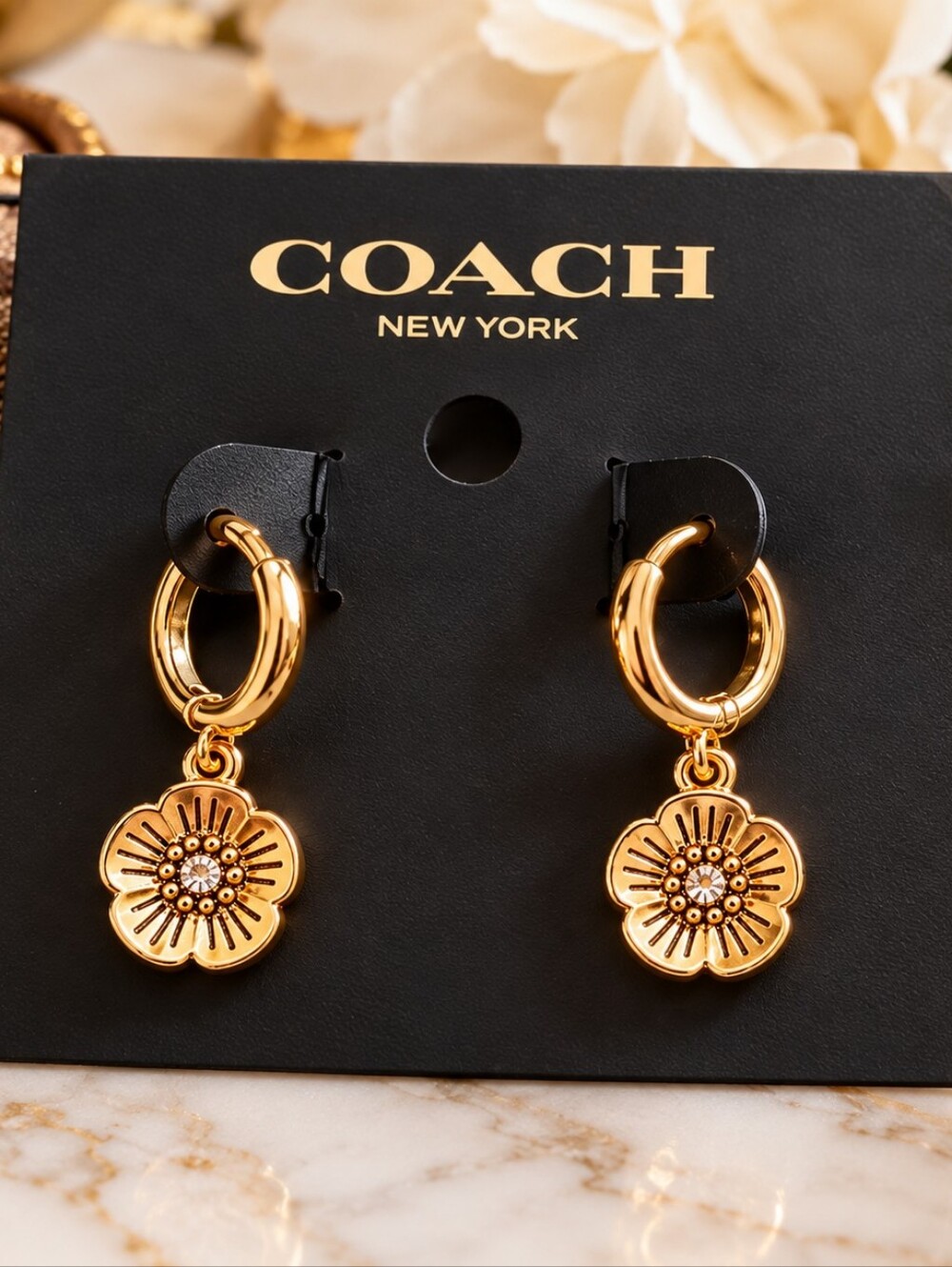 Coach Tea Rose Huggie Earrings NWT